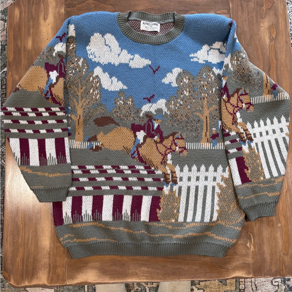 Vintage Alfred Dunner Equestrian Sweater in Blue, Gray, and Brown